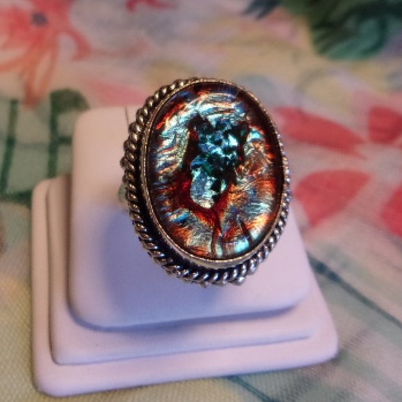 Vintage Other - Vintage Men's Art Glass Sterling Oval Ring Sz 11.5